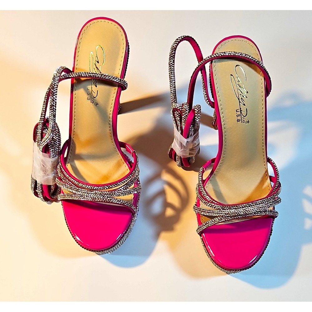 Cathy Jean Hot Pink Synthetic Rhinestone Strappy Platform Heel Open Toe Buckle 8